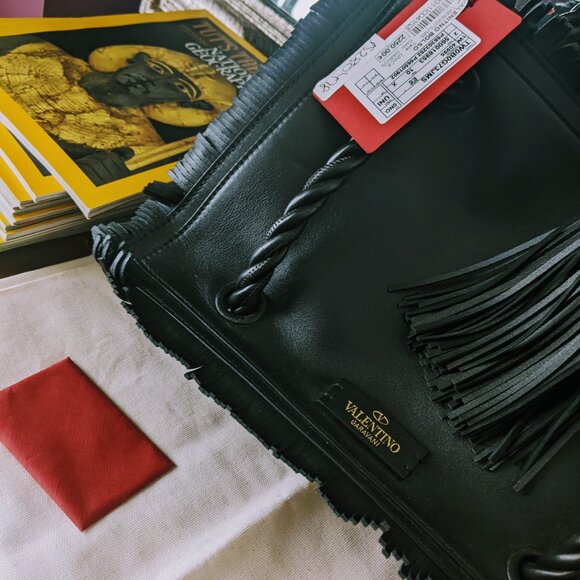 VALENTINO The Rope black fringe leather braided rope handle tote bag/Medium - Picture 4 of 14